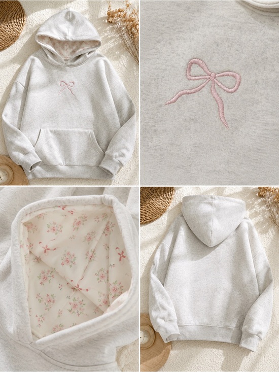 zyfara Tops - Cozy Ivory Hoodie with Pink Bow Embroidery and satin hood liner guc, sz M